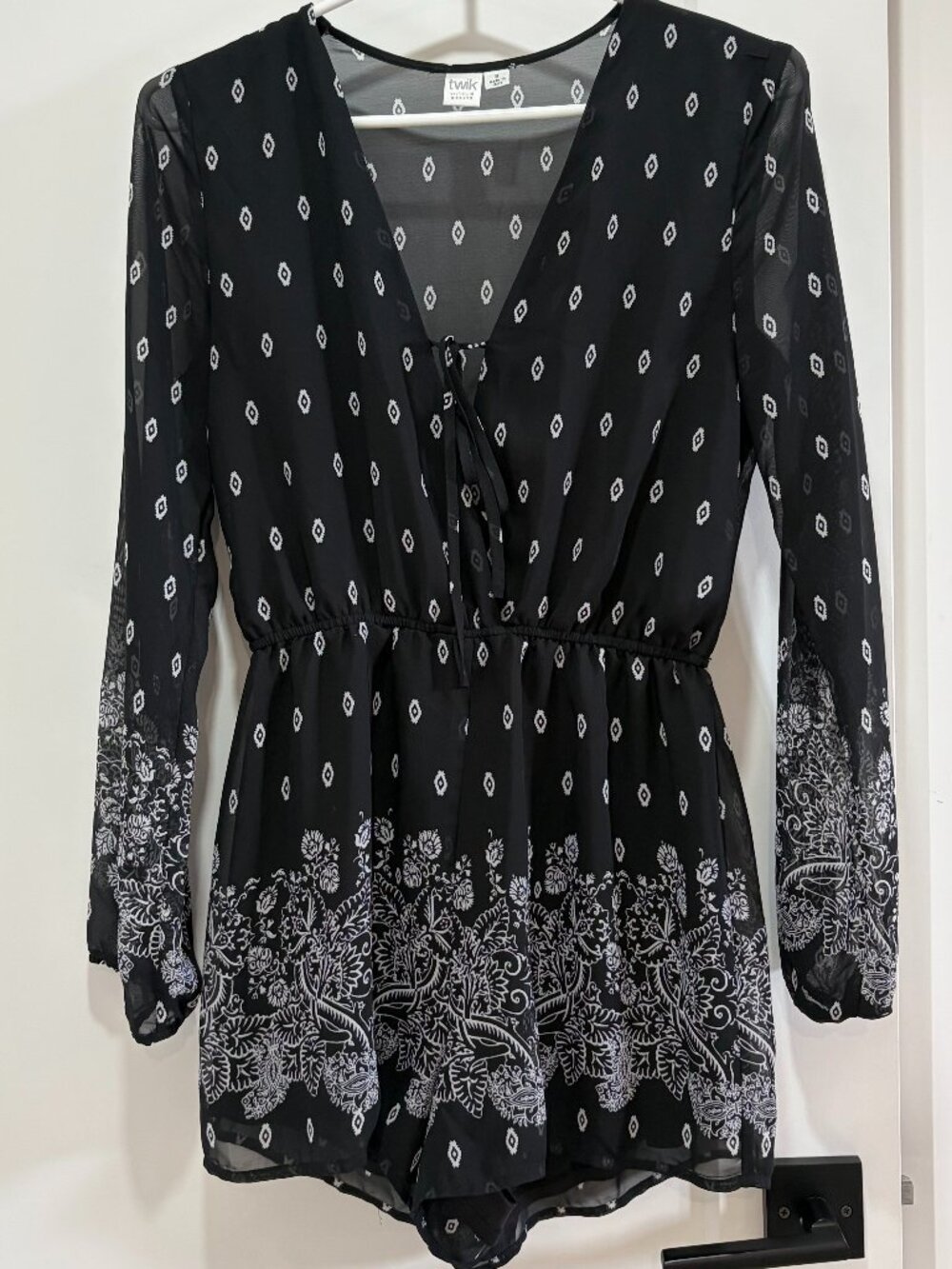 Twik Black & White Boho Long Sleeve Romper